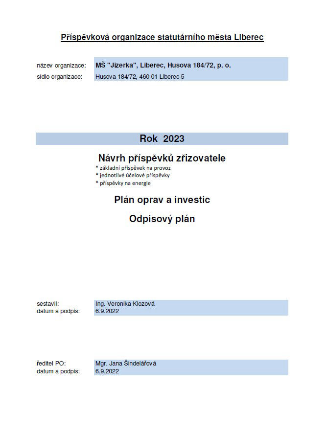 Návrh příspěvků zřizovatele 2023