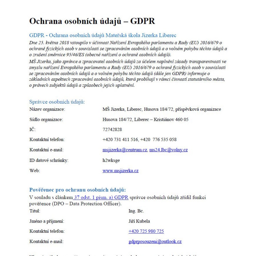 GDPR-Informace o zpracování osobních údajů na MŠ Jizerka