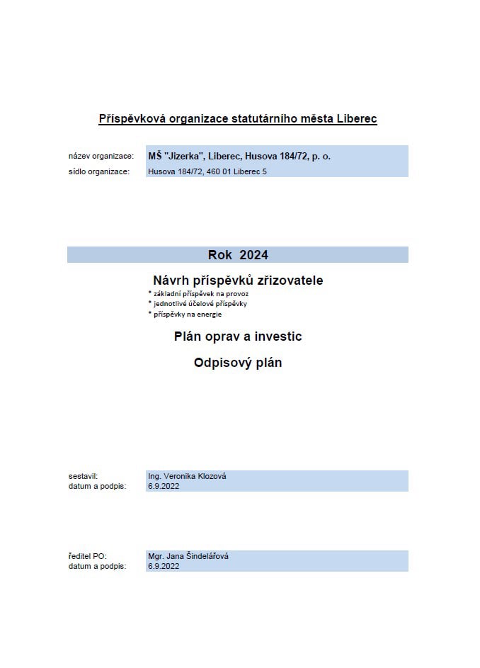 Návrh příspěvků na rok 2024 - MŠ Jizerka